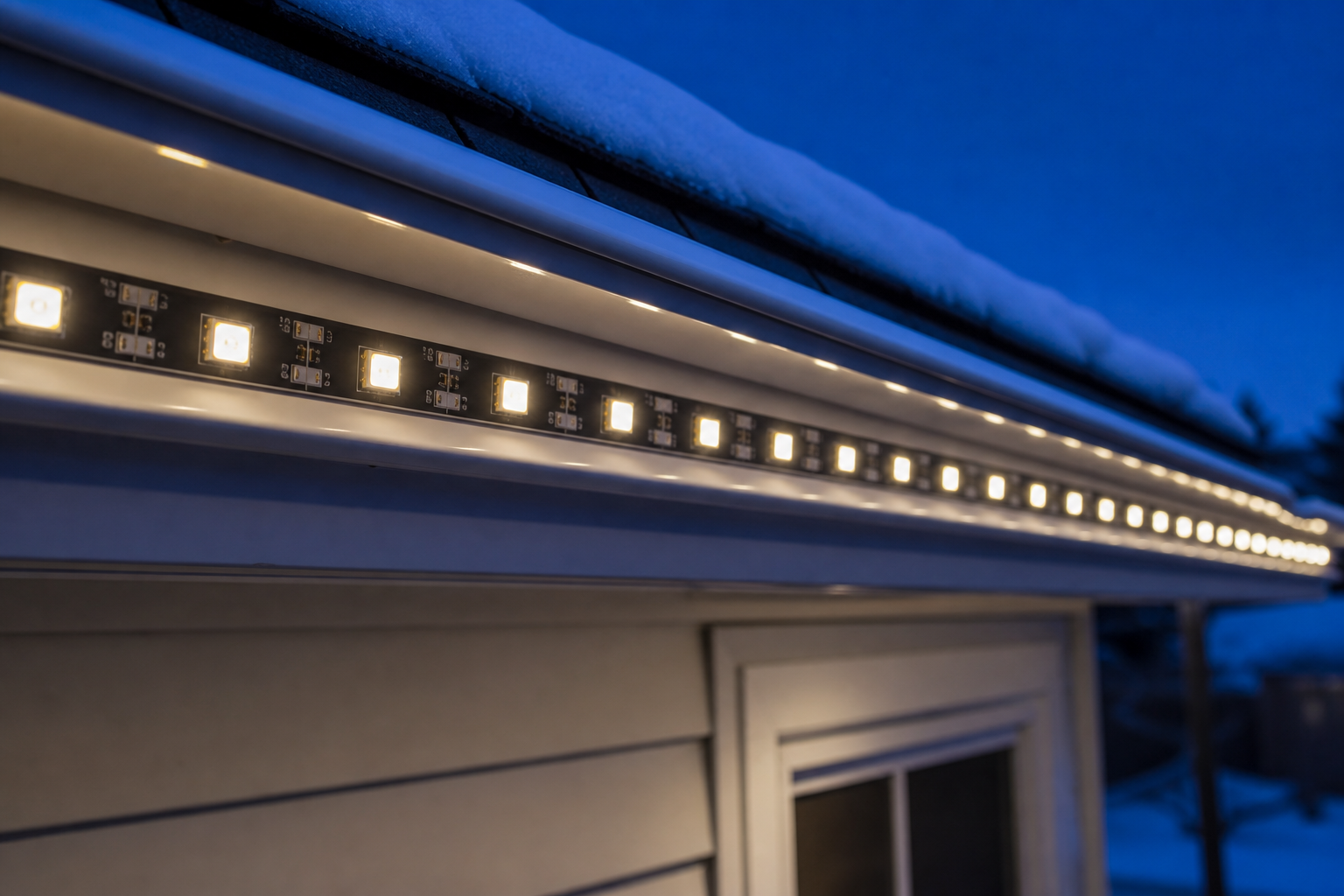 Warm white LED strip lights mounted along a snow-dusted roofline